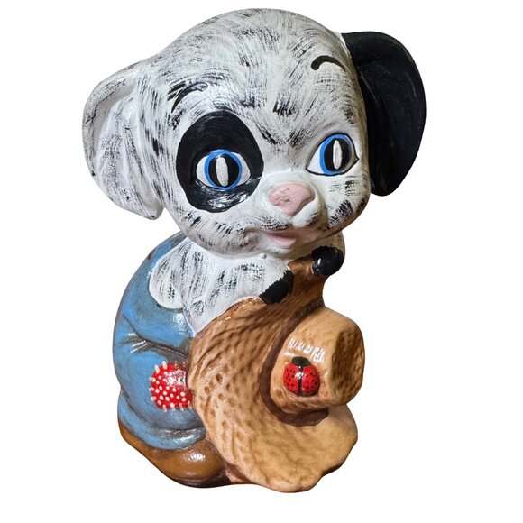 Vintage Coin Bank Black & White Puppy Dog with Overalls Straw Hat & Lady Bug - Picture 1 of 4